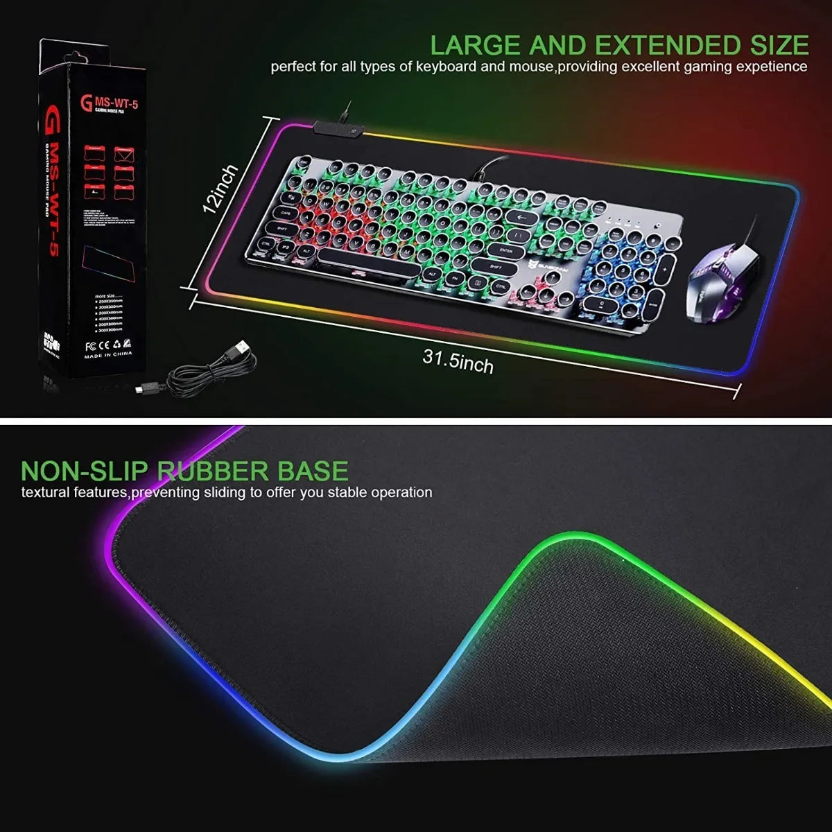 Mouse Pad Gamer Rgb Led 30x80cm Tapete Almohadilla Grande Negro