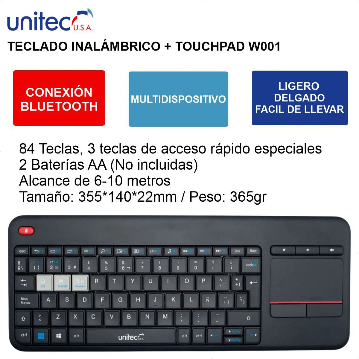 Teclado Inalámbrico Con Touchpad W001 Unitec Teclado Negro Idioma Qwerty
