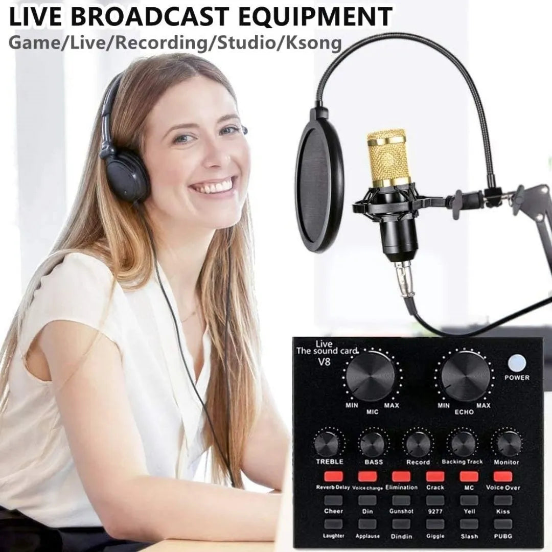 Kit Micrófono Profesional De Condensador + Tarjeta Sonido V8 Color Dorado