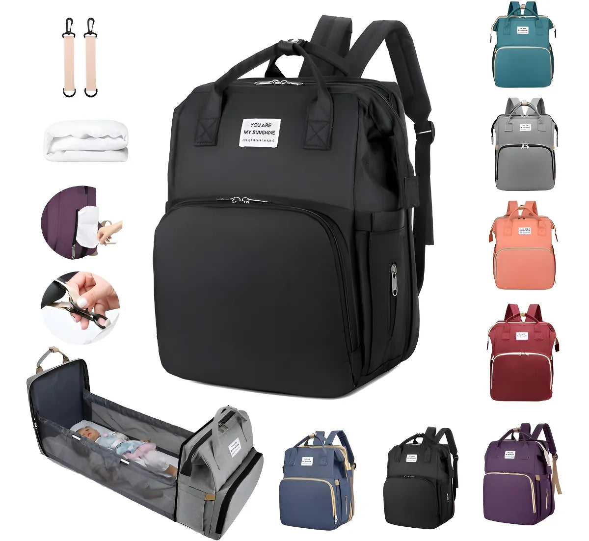 Mochila Pañalera Cuna Impermeable Multifunción Bebé Viaje Color Negro
