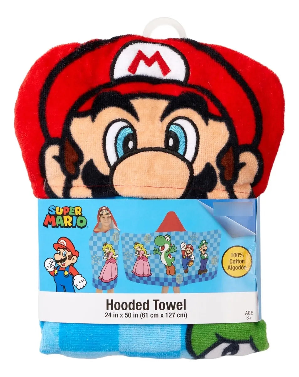 Toalla Con Capucha Super Mario Niños Baño Playa Piscina Azul
