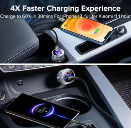 Cargador Carro Carga Rapida 80w 2 Puert Usb C + Puert Telefo Gris