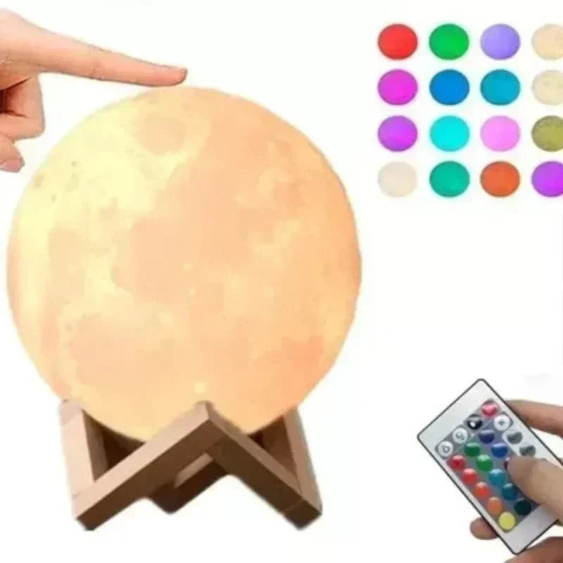 Lámpara con forma de luna 15 cm 3d y luz led de colores + base de madera