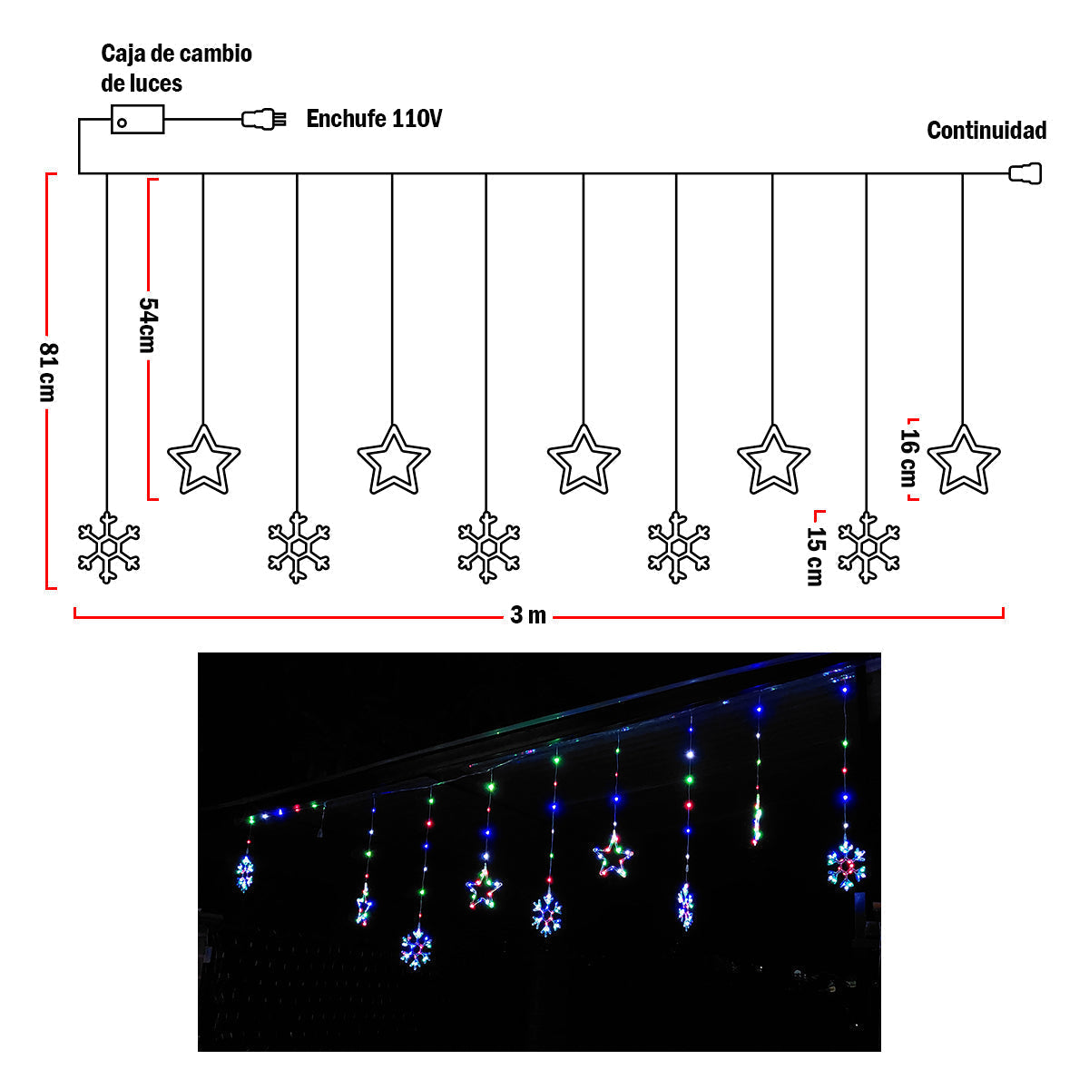 Luces Led Estrellas y Copos 260 Luces 3m Navidad Multicolor 1628