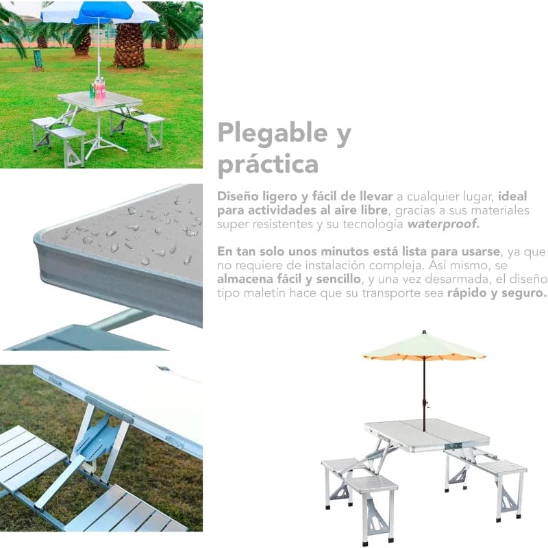Mesa plegable tipo portafolio portátil de aluminio con 4 asientos