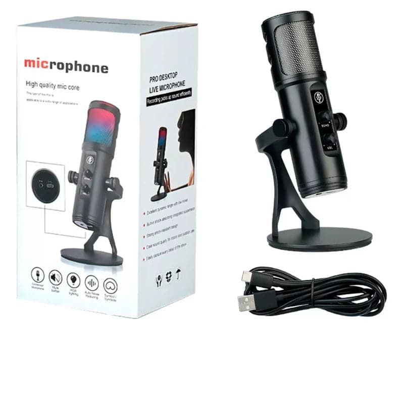 Micrófono profesional condensador omnidireccional USB con luz RGB