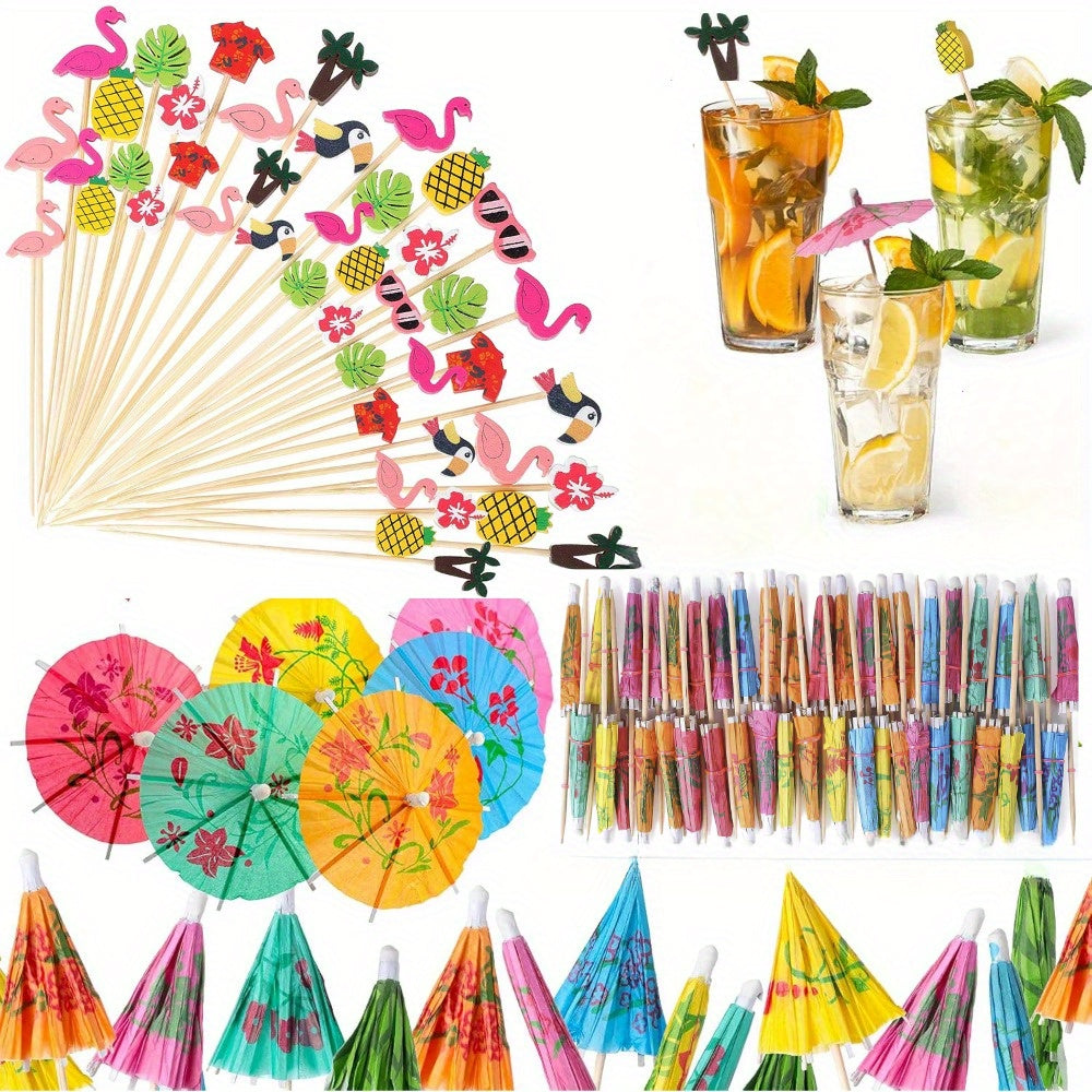 100/200 unidades Accesorios de bebidas de cóctel de bambú, piña de playa Tucán hoja de palma hecha a mano, con sombrilla de bambú para pinchos de cóctel, para aperitivos, fiestas hawaianas, bodas y cumpleaños