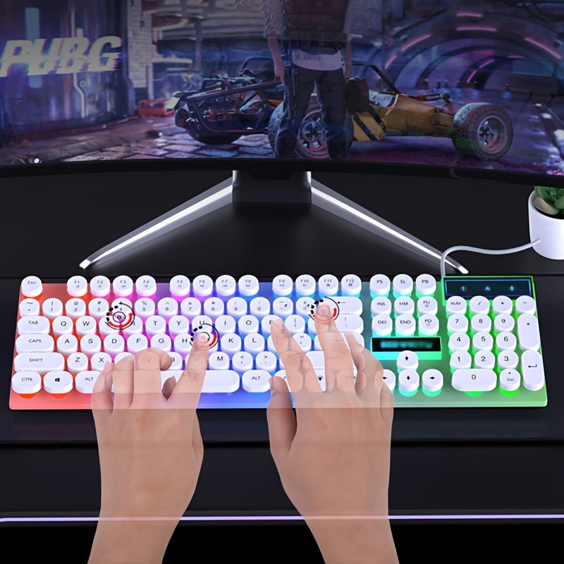 Teclado mecánico y mouse retro alámbrico, set gaming con retroiluminación multicolor, teclas estilo punk, para esports y oficina, periféricos de computadora, USB plug and play, sensación mecánica