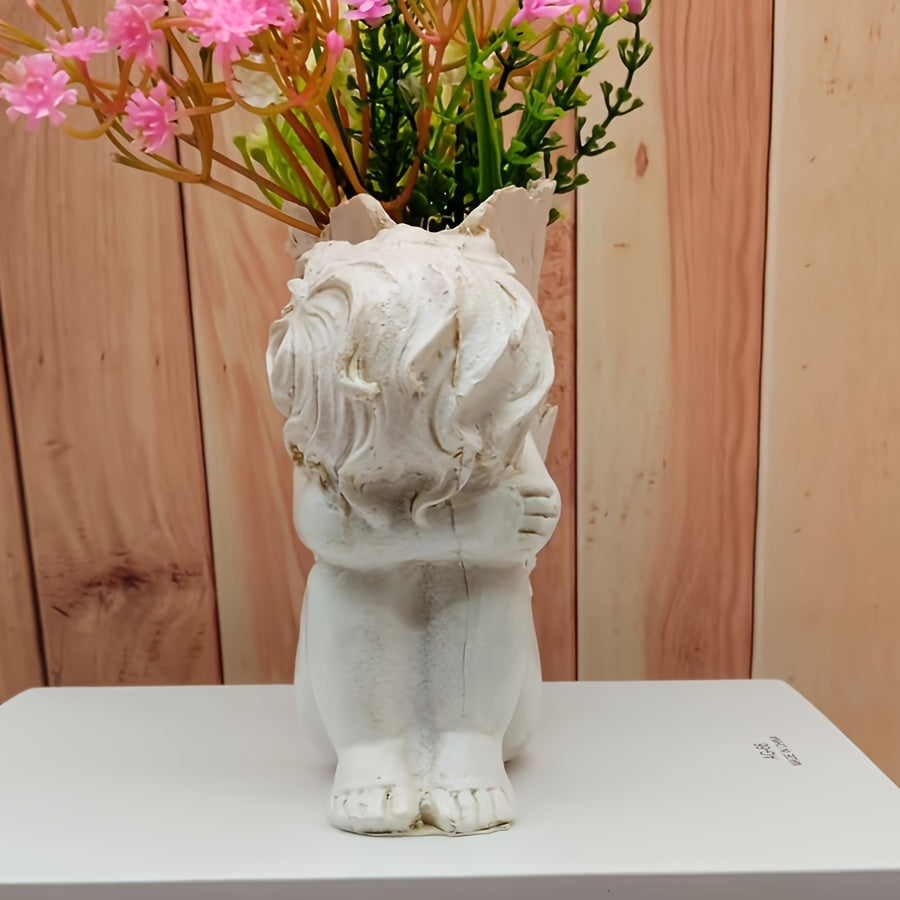 1pc Jarrón Moderno de Resina de Ángel Niño - Forma de Trompeta, Sin Batería con Diseño Detallado de Alas para Decoración Elegante del Hogar