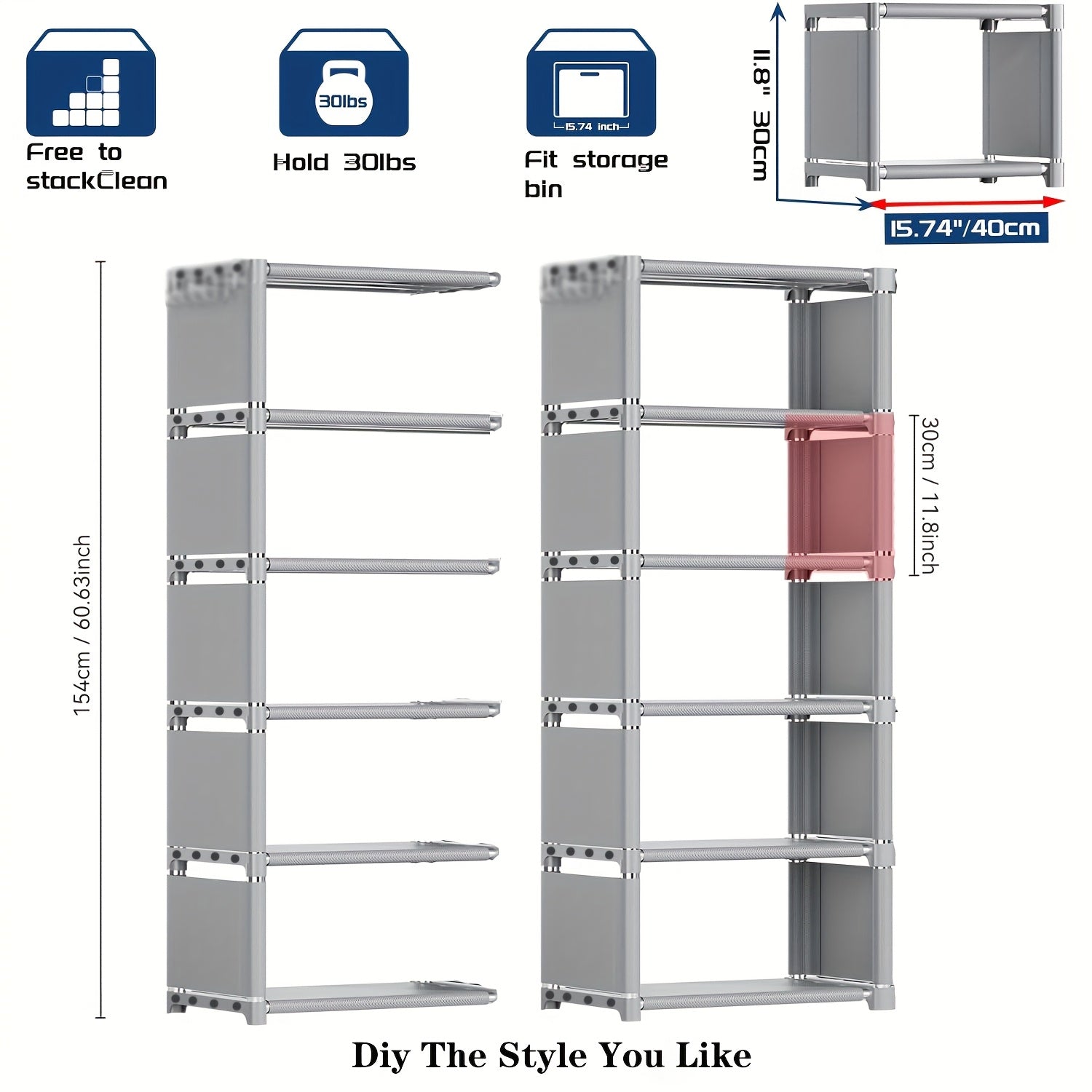 Estantería de 5 Niveles DIY - Marco Metálico Fácil de Montar con Estantes Superpuestos, Unidad de Almacenamiento Independiente para Oficina en Casa, Sala o Dormitorio - Organizador Gris para Libros, Decoración y Plantas, Diseño Moderno y Estético
