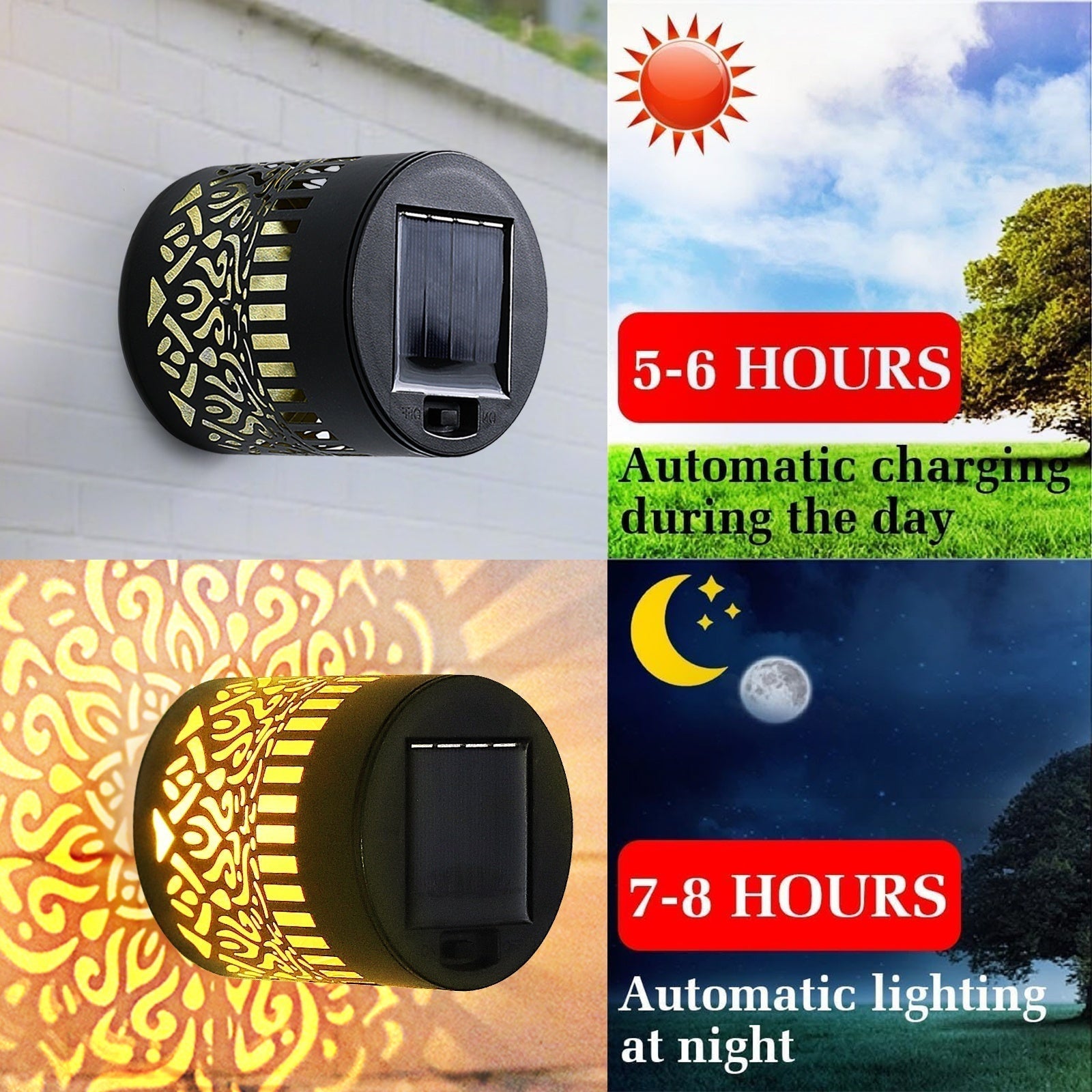 2-Pack Luces Solares para Valla con Diseño de Corte, Iluminación LED Solar para Jardín y Patio Exterior