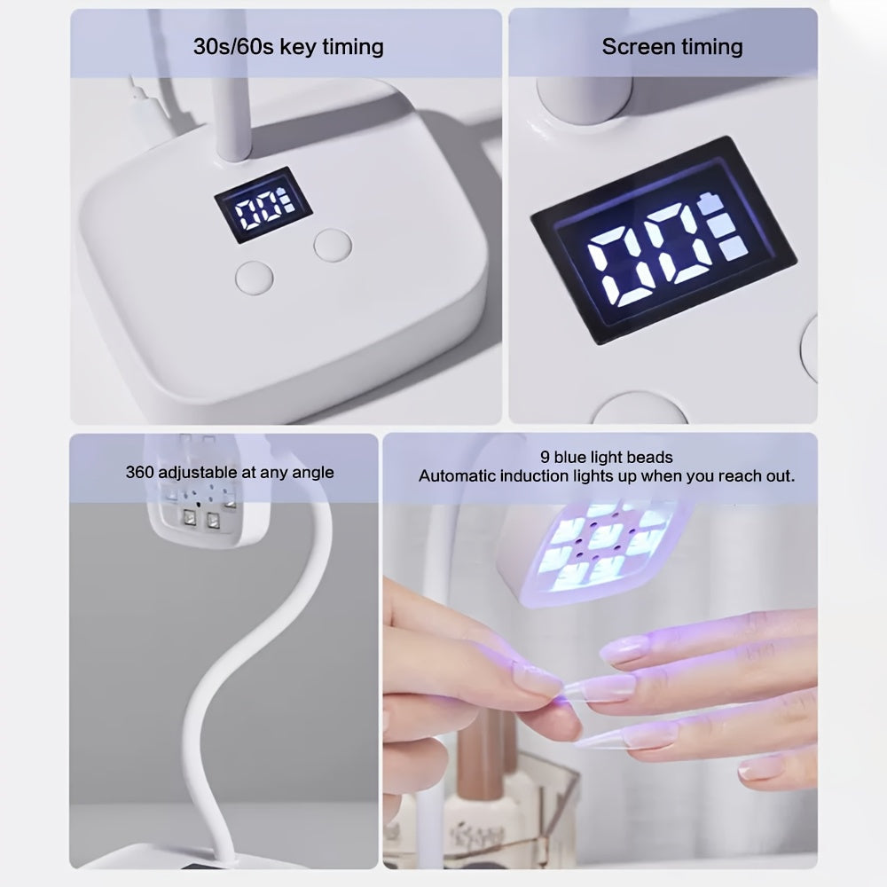 Linterna de Gel Recargable Inalámbrica - Temporizadores Dobles 30s/60s, Ángulo Ajustable 360° y Luces LED Azules para Uñas Rápidas, Portátil con Pantalla Digital USB, Linterna para Manicura en Casa o Salón, Cuerpo de Plástico Duradero