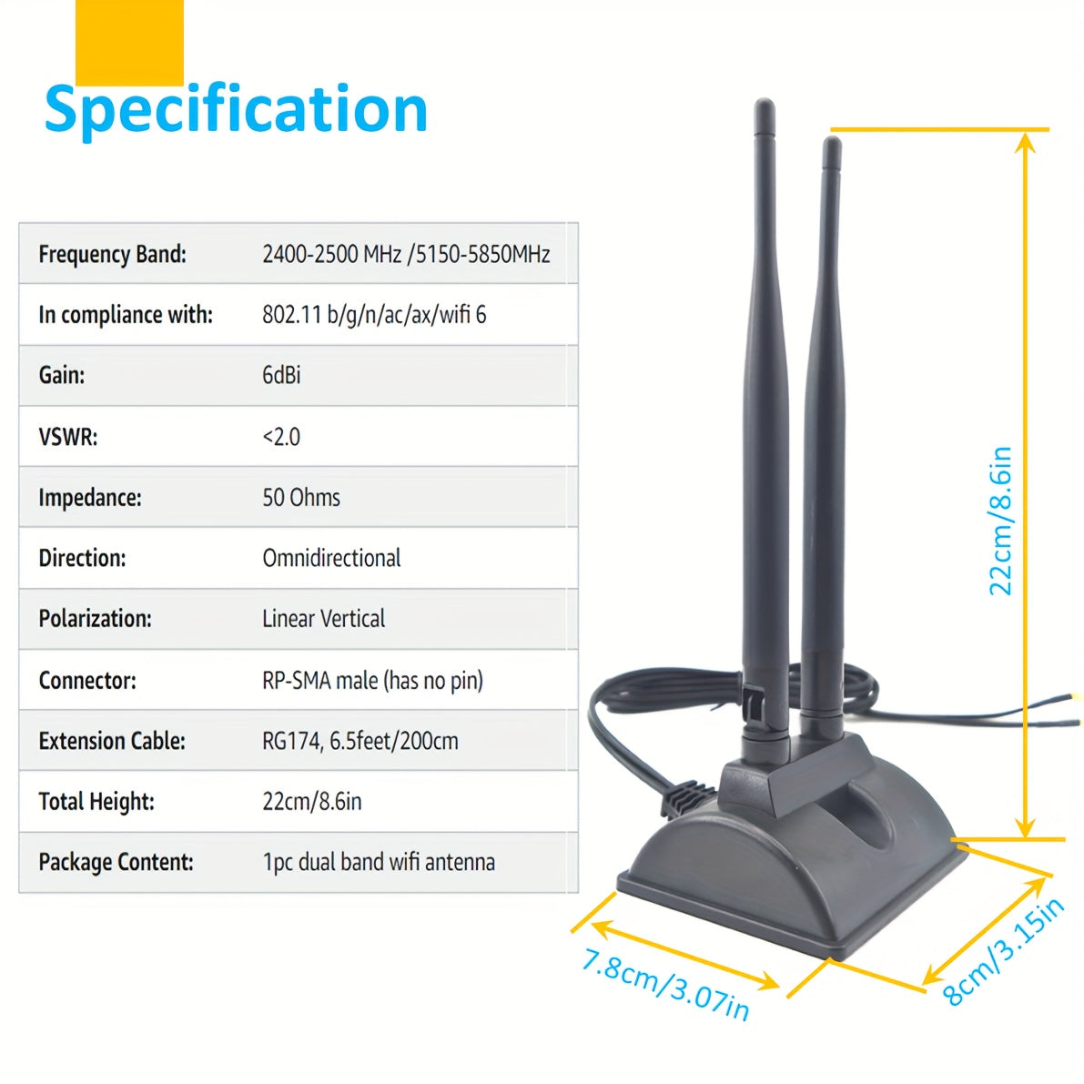 Antena de WiFi 6 6E de triple banda de 6dBi 2,4 GHz + 5 GHz con base magnética para router de WiFi 6 6E, computadora de escritorio con tarjeta WiFi 6E PCI-E y placa base para juegos de WiFi