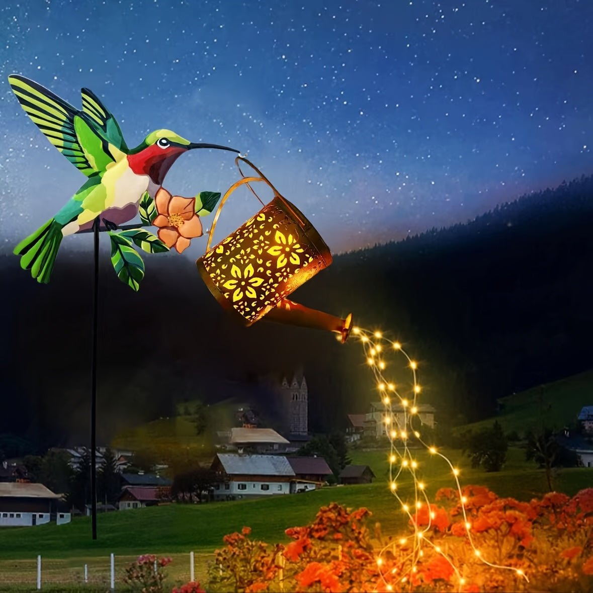 Luces solares para macetas de agua al aire libre, linternas de campamento LED con cadenas de luz fluida, colibríes de metal vintage adecuados para jardines, caminos y granjas, terrazas, perfectos para la atmósfera exterior de Halloween y Navidad, exquisi