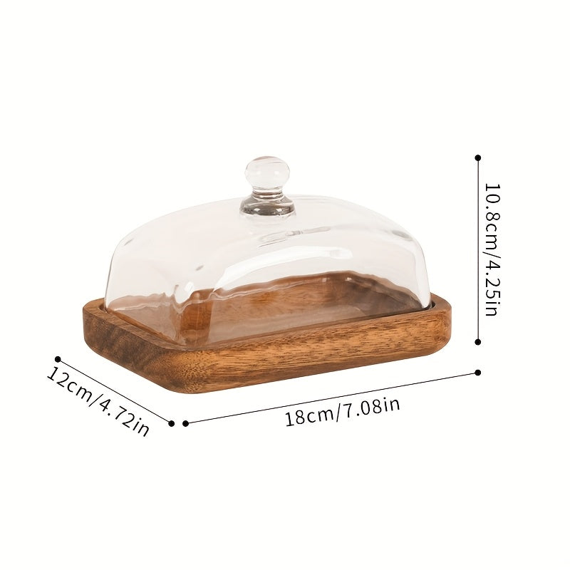 1 pieza, Caja de Queso de Madera con Tapa de Vidrio, Contenedor de Almacenamiento para Mantequilla y Queso, Plato de Postre, Soporte para Exhibición de Pasteles, Suministros de Cocina