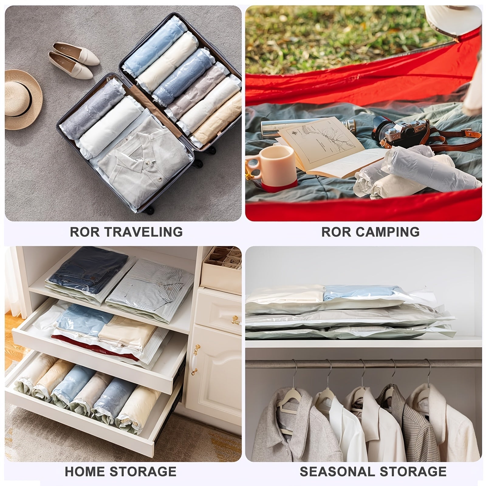 6pcs Bolsas de Compresión de Viaje Enrolladas a Mano - No Necesita Bomba, Almacenamiento Transparente para Toallas, Calcetines, Cosméticos y Más - Acabado Mate Mejorado, Varios Tamaños Disponibles