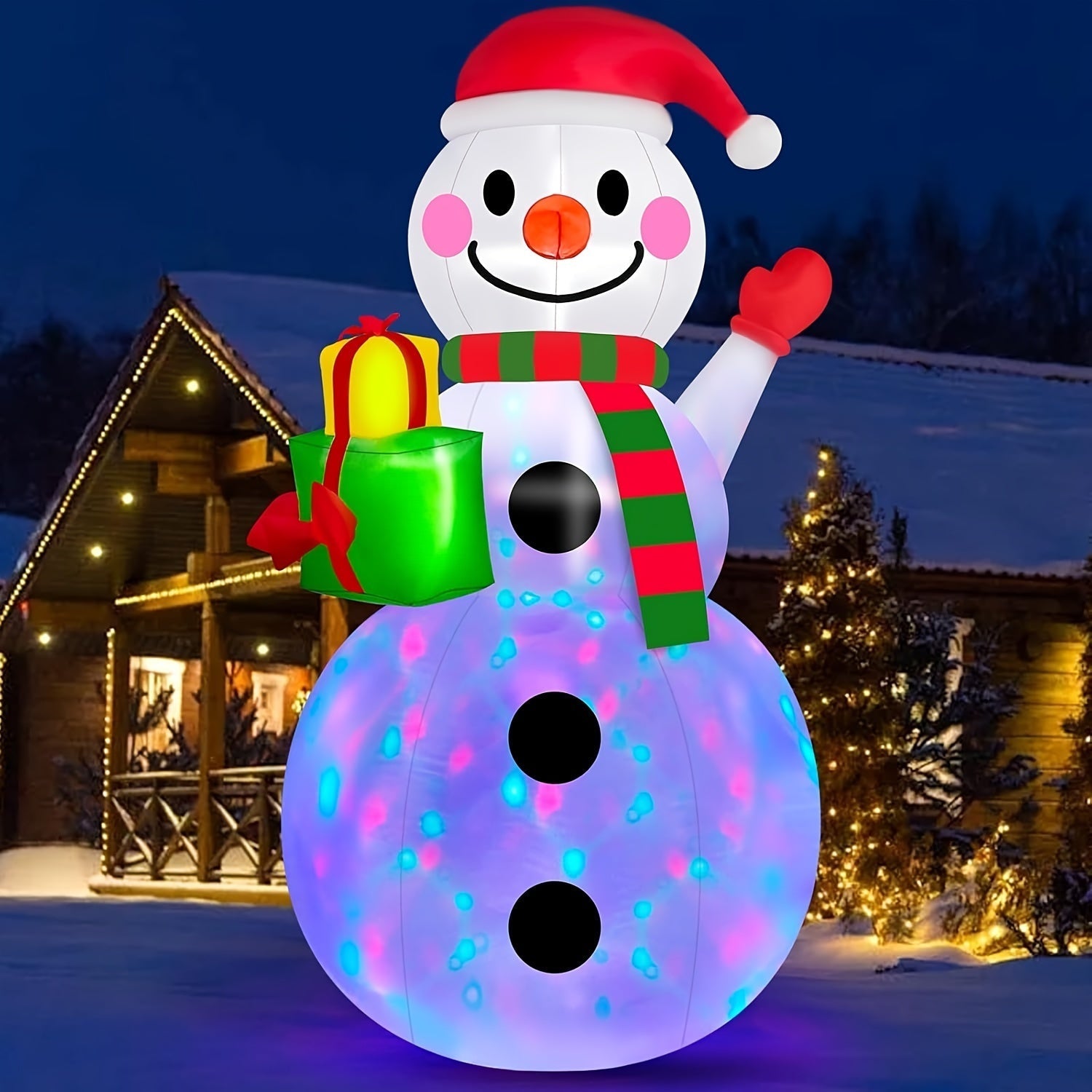 Decoración navideña de muñeco de nieve para exteriores, blanco en poliuretano con luces LED multicolor, diseño independiente, incluye gorro de Santa y bufanda, iluminación multicolor, ideal para jardín y patio, enchufe 110-240V, decoración festiva