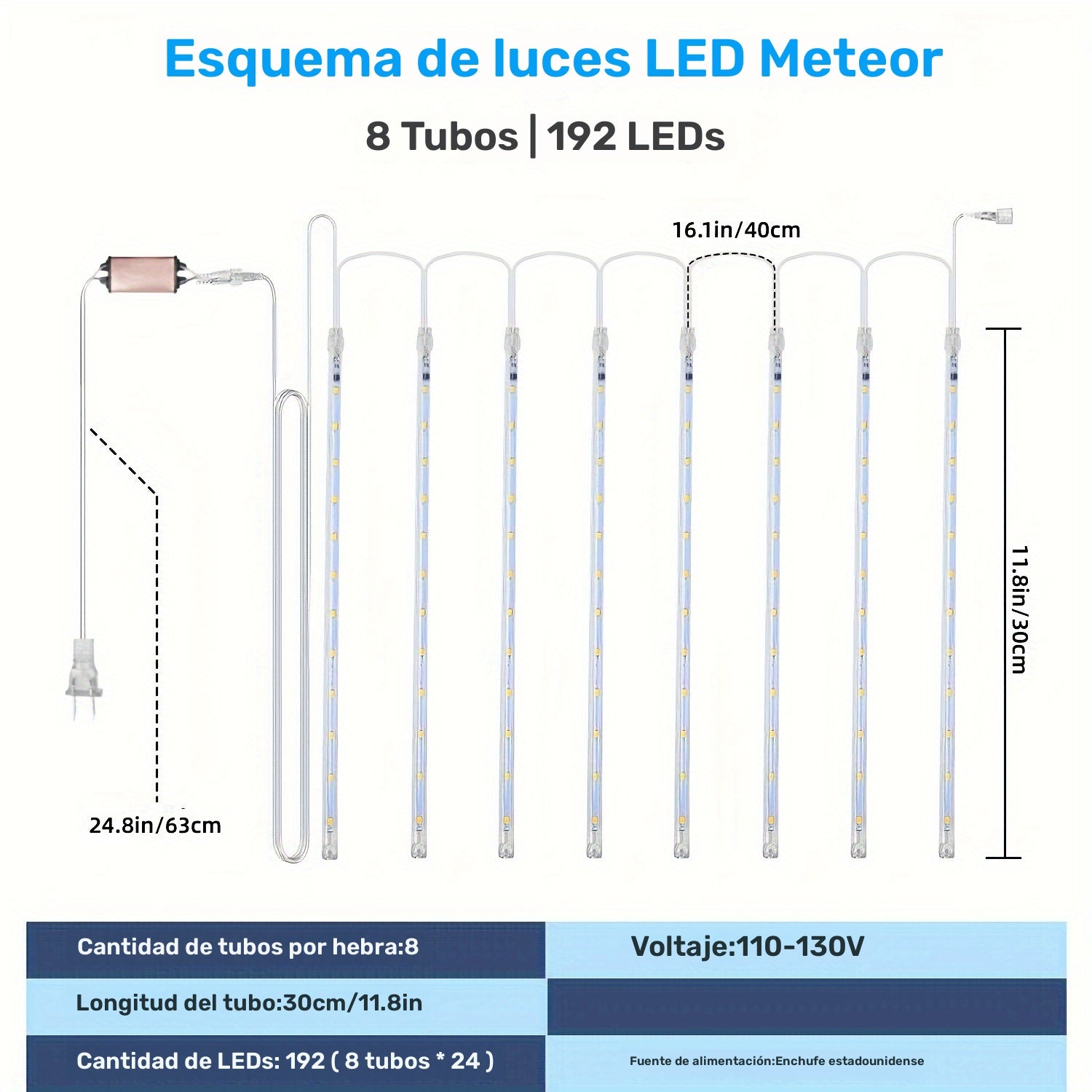 Luces navideñas con 192 LED en forma de lluvia de meteoros - 30.48 cm, para exteriores, efecto cascada multicolor, ideal para árboles, bodas y decoración navideña, enchufe UL, sin control remoto