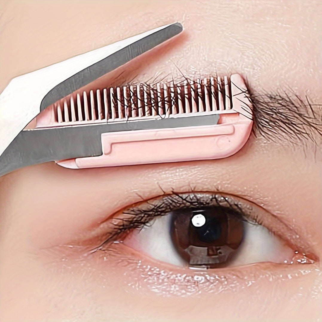 Tijeras de acero inoxidable rosa para recortar cejas con peine incorporado - Herramienta de precisión para cejas perfectas, no recargable, operación manual, ideal para uso en el salón