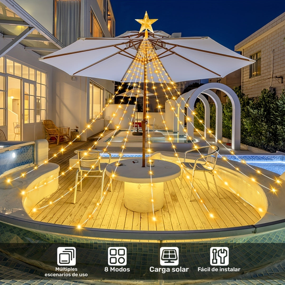 298.7cm 280 LED Luz de Cascada de Agua de Estrella, Luz Solar para Acampar al Aire Libre, 8 Modos de Luces de Cadena para Decoración de Jardín, Cortina, Patio, Árbol de Navidad, Fiesta, Hogar, Boda, Luz de Festival IP54 6.6ft 200LED