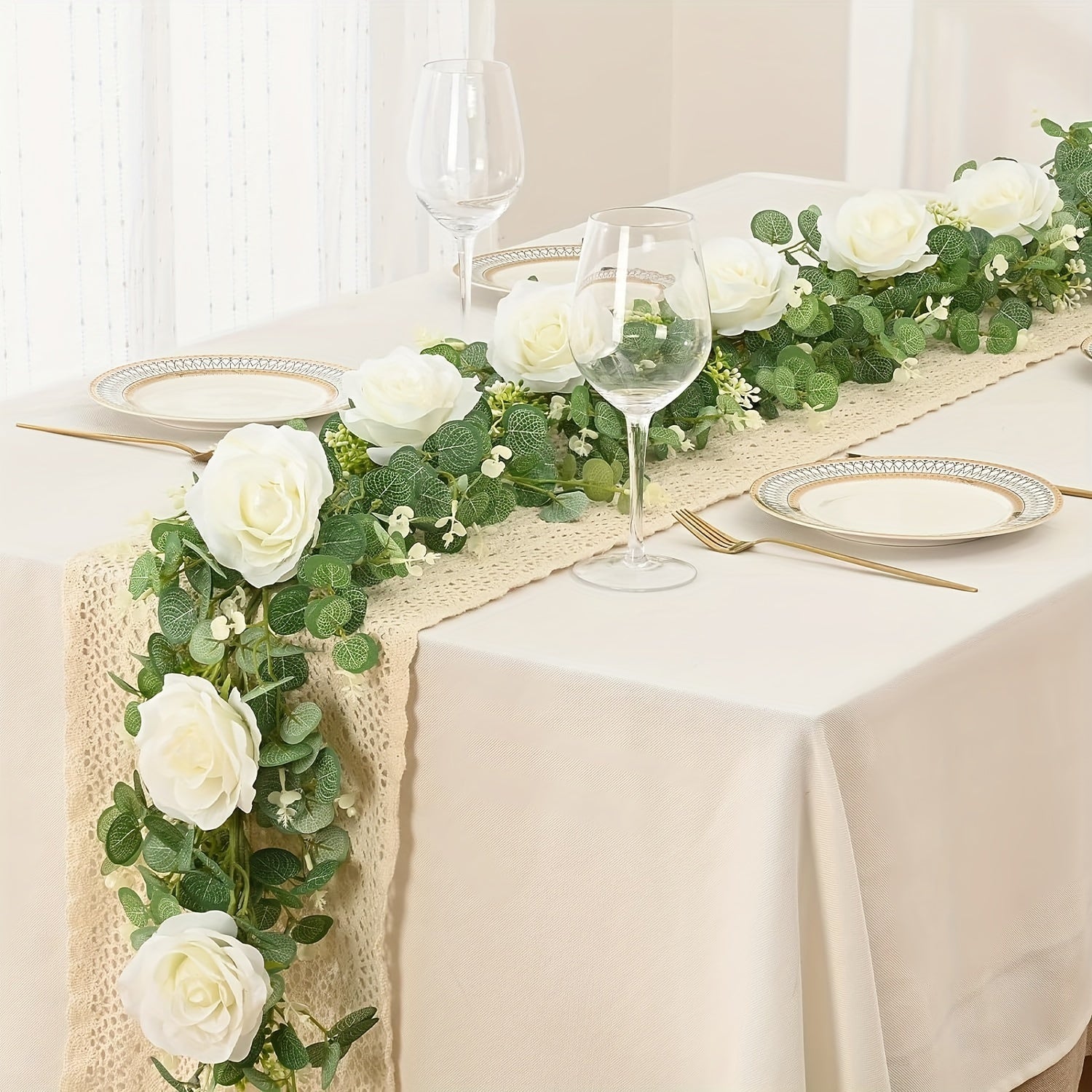 1 pza. guirnalda artificial de eucalipto estilo glam con luces LED y rosas, decoración falsa con detalles champán para mesa, chimenea, pared, arco, fiesta de bodas, funciona con baterías (2 AA no incluidas)