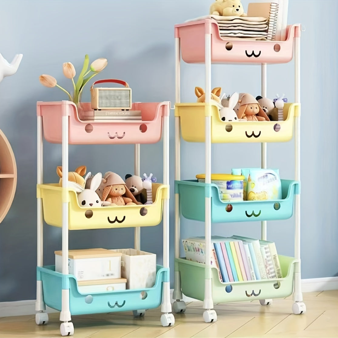 Carrito de Almacenamiento Metálico con Ruedas y Diseño de Caritas Lindas en 3 Niveles - Organizador Multifunción Estilo Macarrón Rosa y Amarillo para Habitación Infantil, Librero y Portavasos
