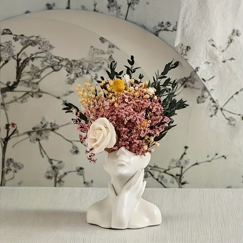 Jarrón de Resina Blanca con Cara Humana Abstracta - Decoración Moderna para el Hogar y Contenedor de Flores, Escultura Contemporánea para Sala de Estar, Oficina, Hotel, Jardín, Pieza Artística de Arte, Artesanía Intrincada, Perfecto para Acción de Gracias