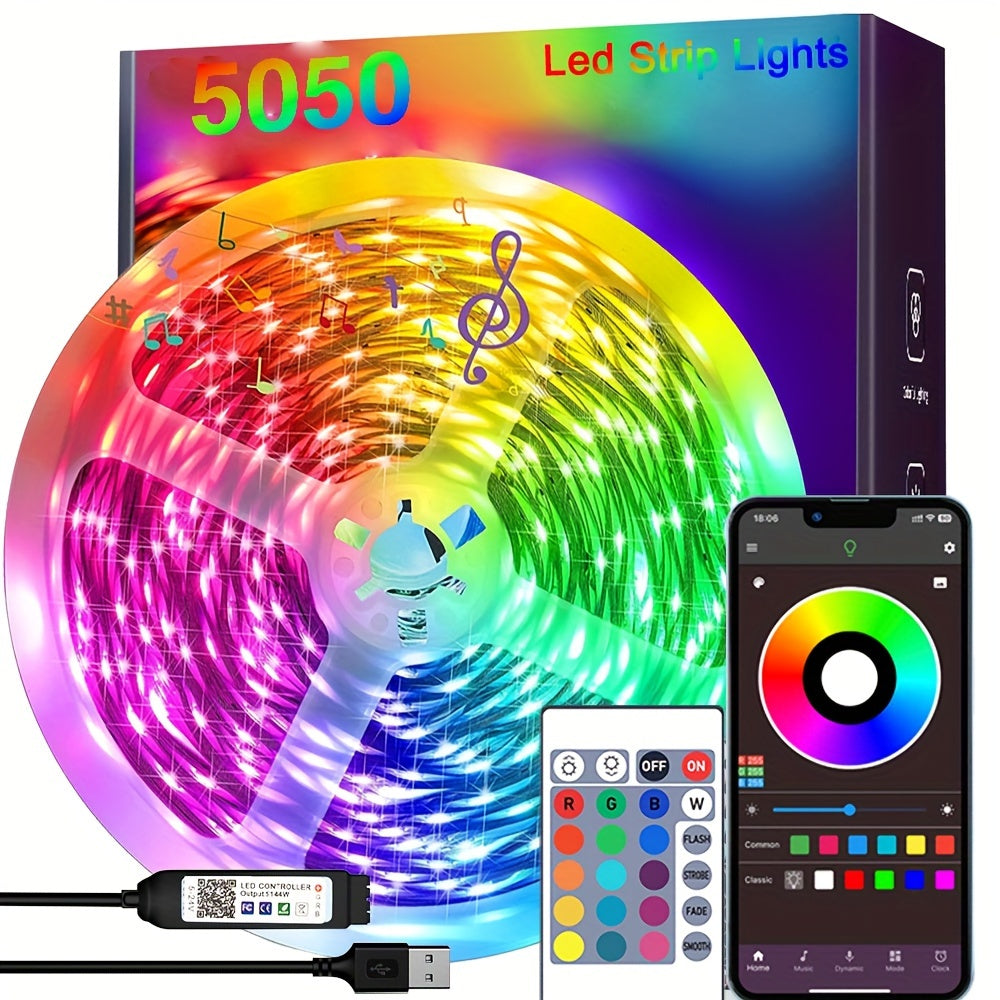 99.97 cm - 30.48 metros Tira de luces LED 5050 RGB con sincronización de música, cambio de color, control de la aplicación inteligente de la tira de luces LED, mando a distancia de 44 teclas, luces LED para decoración del hogar en el interior del dormito