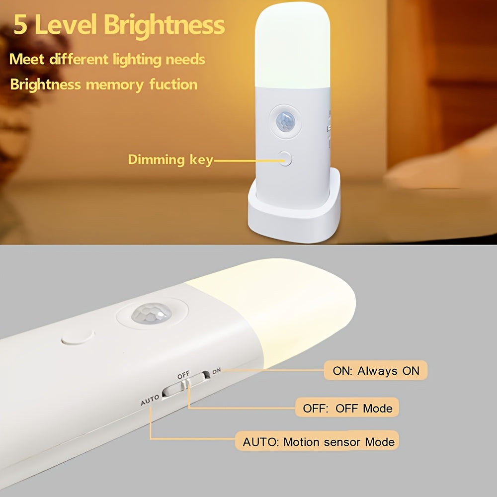 Una luz nocturna LED con detección de movimiento, carga USB y brillo ajustable, que cuenta con una batería recargable de 2000mAh incorporada, ideal para su uso portátil en salas de estar, dormitorios y pasillos.