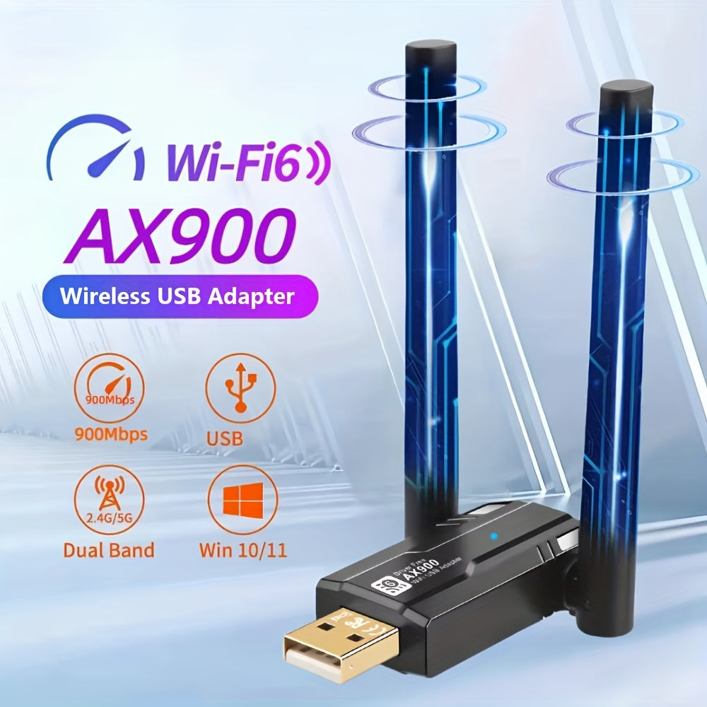 Tarjeta WiFi 6 AX900, Adaptador de Red USB, Adaptador WiFi USB de Doble Banda 2.4G y 5G, Adaptador Inalámbrico 802.11ax 900Mbps, Receptor Inalámbrico Compatible con Mac Laptop PC de Escritorio, Windows WIN 7/WIN 8/Win 10/11, etc.