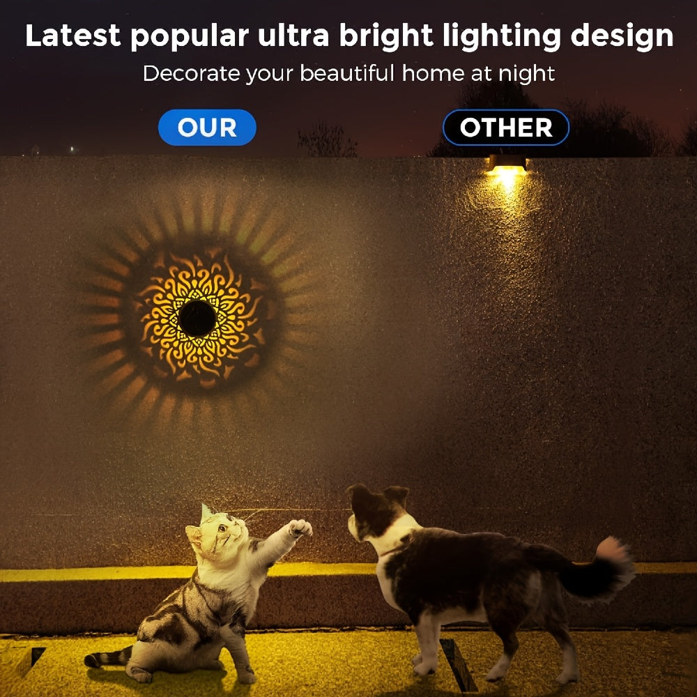 2 luces de pared huecas alimentadas por energía solar - Diseño de girasol y mandala, luces decorativas de jardín al aire libre de montaje semienterrado con sensor de luz, fijo de metal recargable para patio, jardín o porche, decoraciones solares al aire
