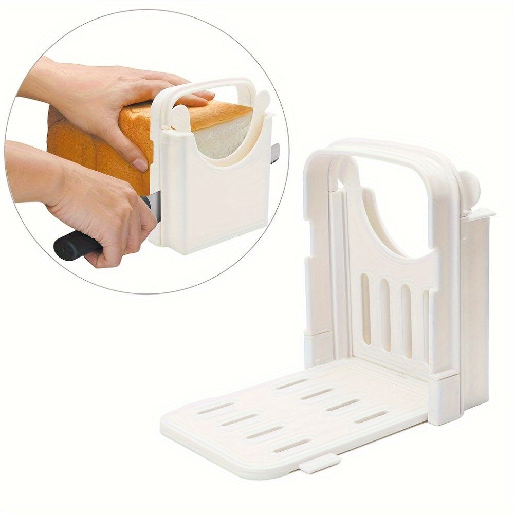 1 pieza, cortador de pan plegable con molde de grosor de 5 rebanadas - Herramienta de cocina fácil de usar para bagels, sandwiches y más, diseño de mango blanco, construcción duradera