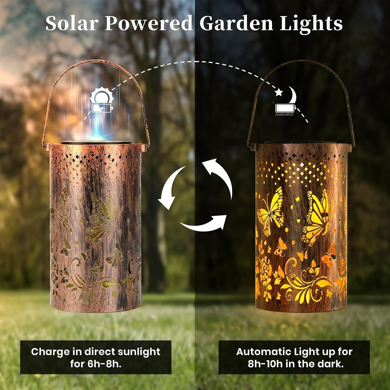 Luz de Jardín con Proyección de Mariposas Alimentada por Energía Solar - Farol Metálico Decorativo con Recortes Florales y de Mariposas, Brillo Cálido para Ambiente en Patio, Balcón o Césped, Regalo Ideal para Amigos y Familia, Decoraciones de Mariposas
