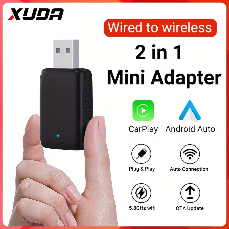 Caja AI inalámbrica 2 en 1 para CarPlay y Android Auto, compatible con el 99% de los autos originales – Conversión de cableado a inalámbrico (WiFi5 de 2.4~5.0 GHz), elegante y portátil para dispositivos iPhone iOS 10+ / Android 11+