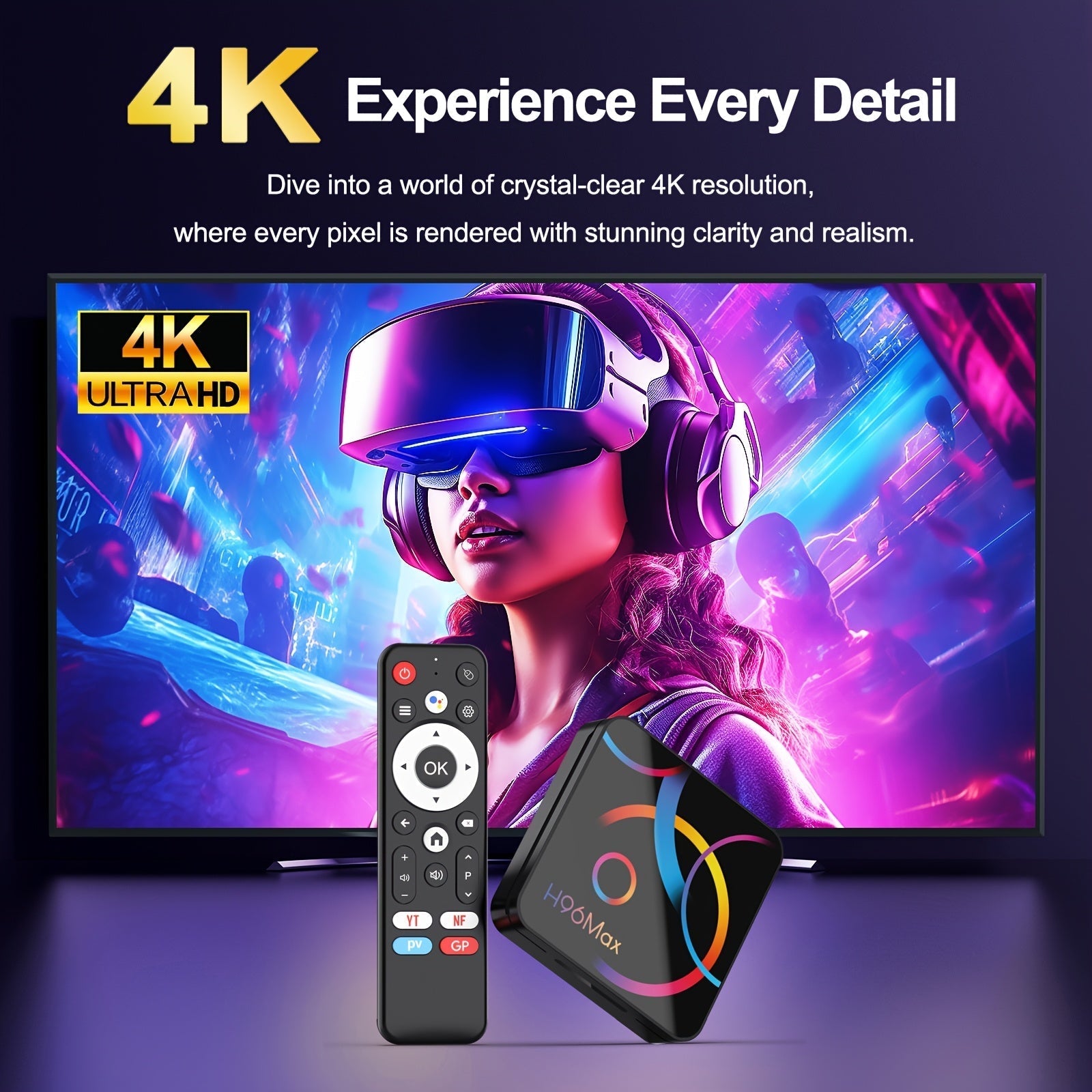 H96 MAX Android 14.0 Smart TV Box RK3518 4K@60fps WiFi 6 y BT 5.4 con voz HDR10, reproductor de medios con Chromecast, navegador, USB y Ethernet, enchufe de 110-220V, control remoto, dispositivo multimedia, dispositivo moderno, alta calidad de pantalla.