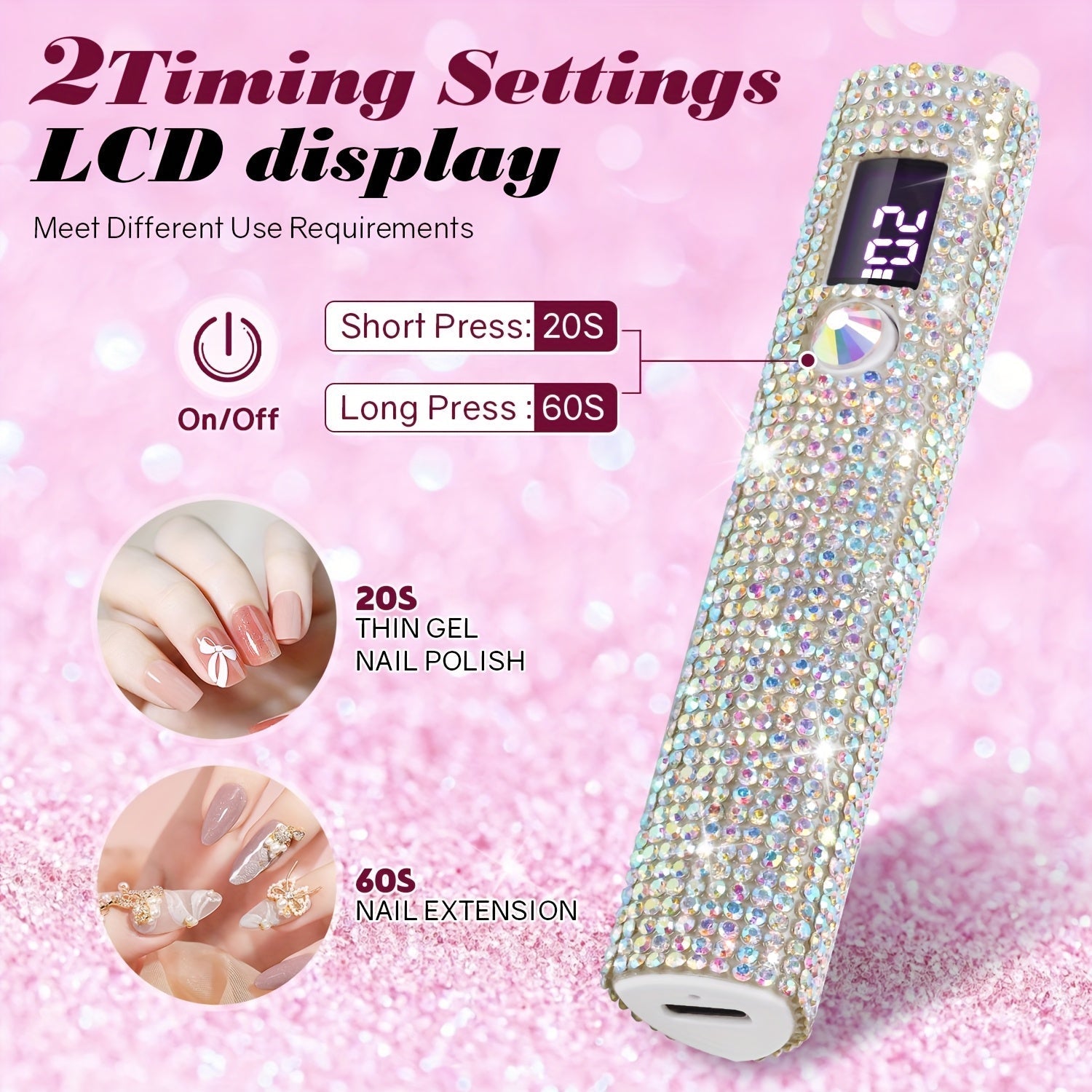 Linterna LED UV Portátil para Uñas - Secador de Esmalte en Gel de Secado Rápido, Recargable por USB con Batería de 200mAh, Diseño de Pedrería Brillante, Ideal para Manos y Pies, Regalo Perfecto para San Valentín, Secador de Uñas
