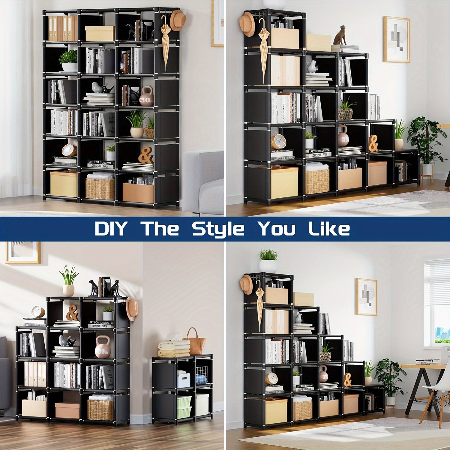 Organizador de Almacenamiento para Libros de Metal de 18 Cubos - Unidad de Estantería Rectangular Alta para Dormitorio, Sala de Estar, Oficina en Casa y Organización del Armario