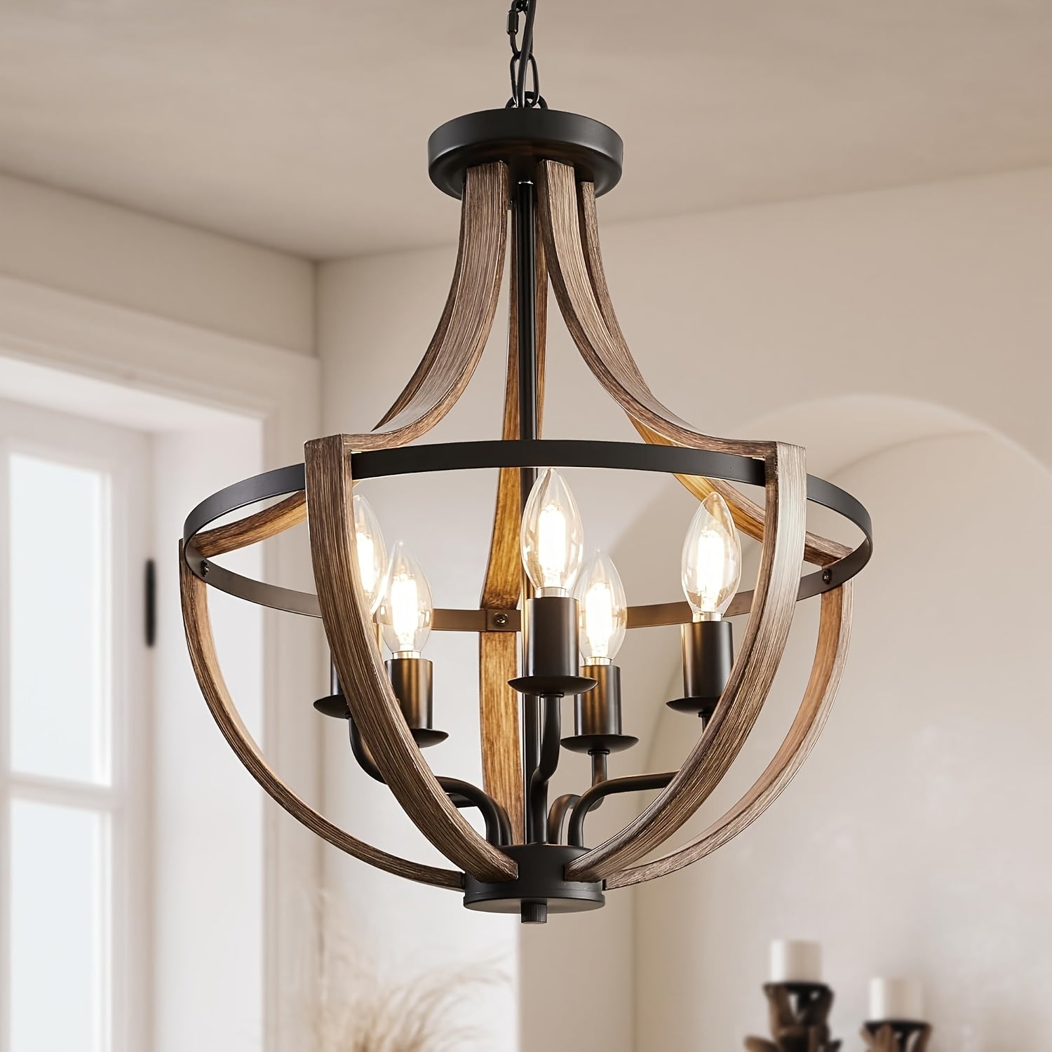 Araña Rústica de Granja Vintage Marrón con 5 Luces y Altura Ajustable para Comedor, Isla de Cocina o Entrada, Salón, Base E14 (Bombillas No Incluidas)