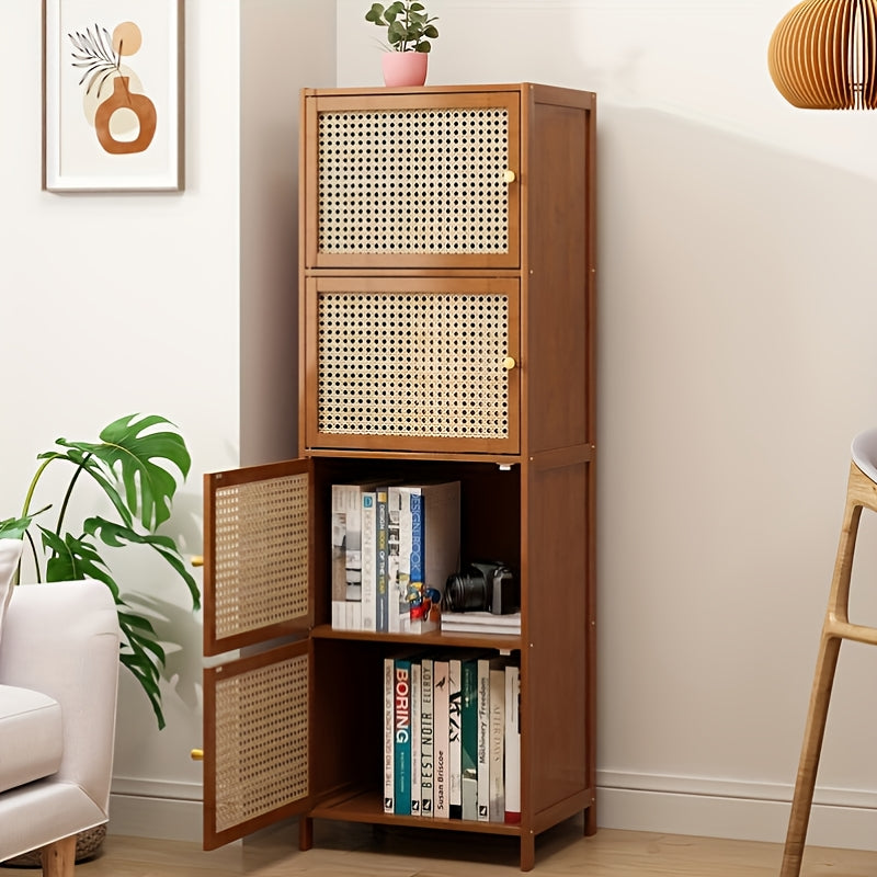Estantería de Bambú de 2 Niveles con Puerta - Mueble Multinivel para Sala, Soporte para TV o Estante Montado en Pared, Diseño Ventilado y Ahorrador de Espacio, Estilo Minimalista, Acabado en Madera Natural con Cajones de Almacenamiento