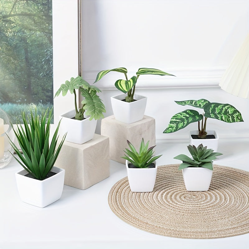 1set 6pcs-Combinación de Plantas Simuladas Suculentas Artificiales Planta Verde Bonsái Decoración de Interior Adorno de Escritorio de Oficina Estilo Nórdico Decoraciones de Plantas en Maceta Pequeñas Simuladas