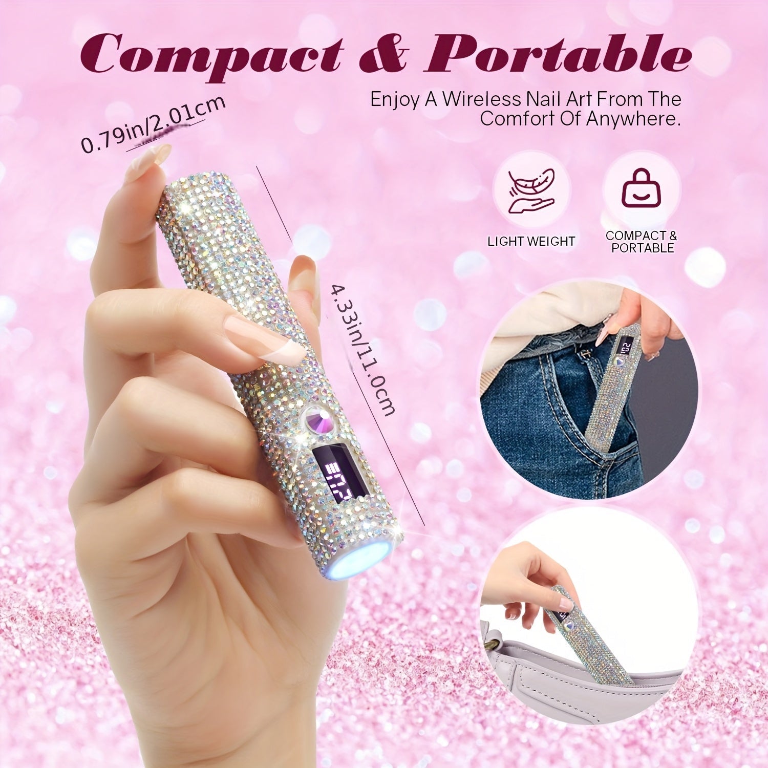 Linterna LED UV Portátil para Uñas - Secador de Esmalte en Gel de Secado Rápido, Recargable por USB con Batería de 200mAh, Diseño de Pedrería Brillante, Ideal para Manos y Pies, Regalo Perfecto para San Valentín, Secador de Uñas