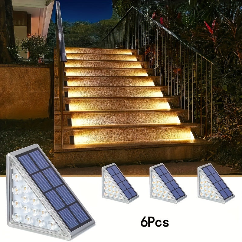 Luces de escalera triangular LED solares de 6 unidades, iluminación de escalera de madera exterior ABS, sconces de jardín cálidos/blancos, acabado pulido duradero, montaje flush, control de interruptor, no desmontable, impermeable, alimentado por energía