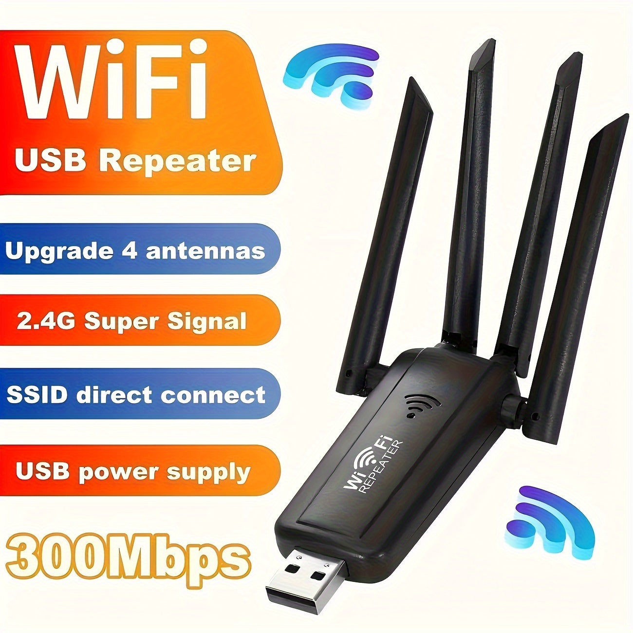 Repetidor inalámbrico USB con 4 amplificadores de señal de antena, adecuado para extender la cobertura de toda la casa, viene con puerto Ethernet para conexiones de red, admite múltiples conexiones de dispositivos, roaming ininterrumpido para hogar y ofi
