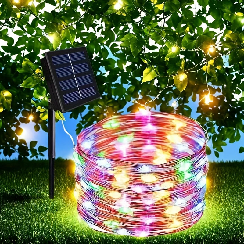 Luces de cadena LED solares - 8 modos, luces parpadeantes de alambre de cobre blanco/caliente/multicolor - Adecuadas para patio, jardín, Navidad, decoración de bodas - Longitud de 7,0 m a 32,0 m, luces de cadena para fiestas | Efecto de luz parpadeante