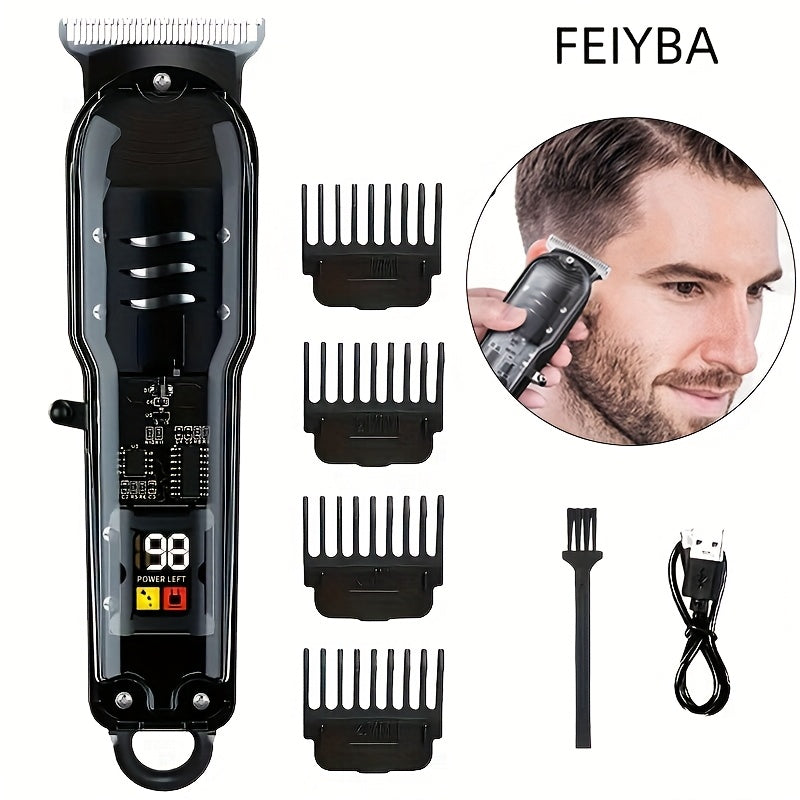 Cortadora de cabello eléctrica profesional con pantalla digital - Carga USB, 4 hojas intercambiables, mango ergonómico, herramienta de corte y estilizado de precisión para hombres, diseño azul elegante, regalo ideal, tijeras ergonómicas