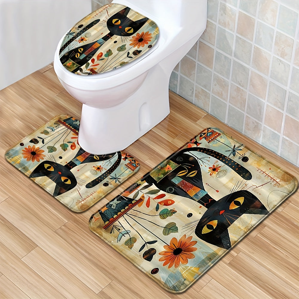Conjunto de 1/3 piezas de Alfombrilla de Suelo de Gato Negro y Girasol, Cubierta de Inodoro, Alfombrilla Absorbente para Baño, Conjunto de Tres Piezas, Alfombrilla Antideslizante Decorativa