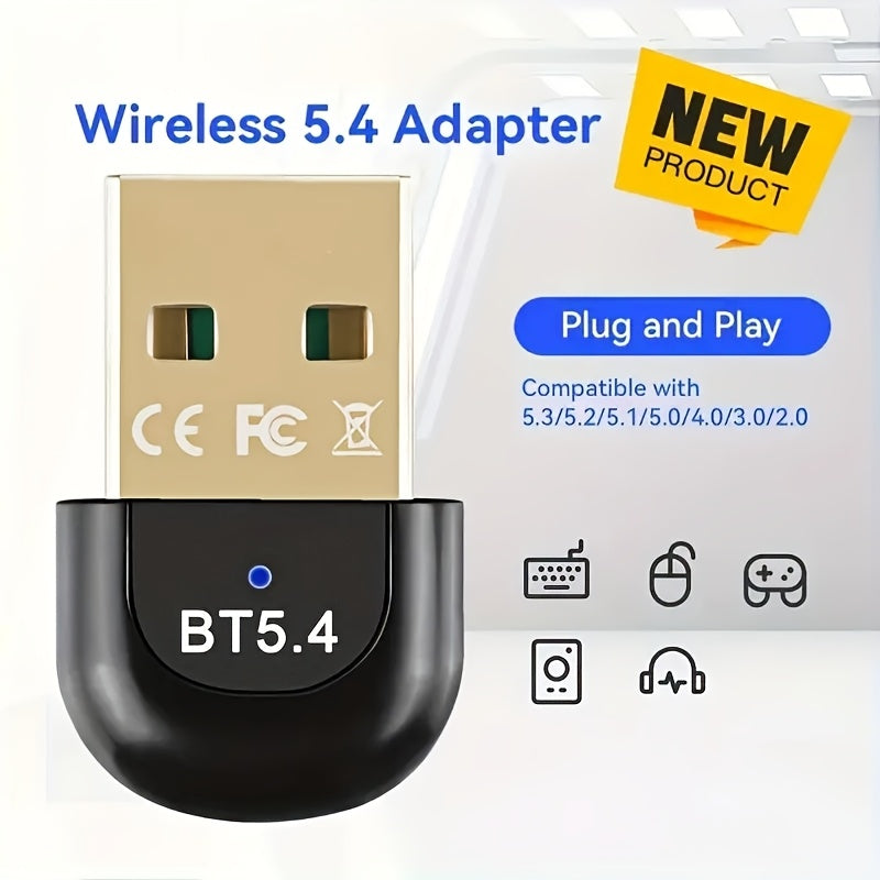 Adaptador inalámbrico USB 5.4, receptor USB, miniadaptador Plug and Play con EDR, compatibilidad automática con versiones anteriores de 5.3/5.1/5.0/4.2/4.1/4.0, para portátil, auriculares, teclado, ratón, altavoz, impresora - No requiere batería
