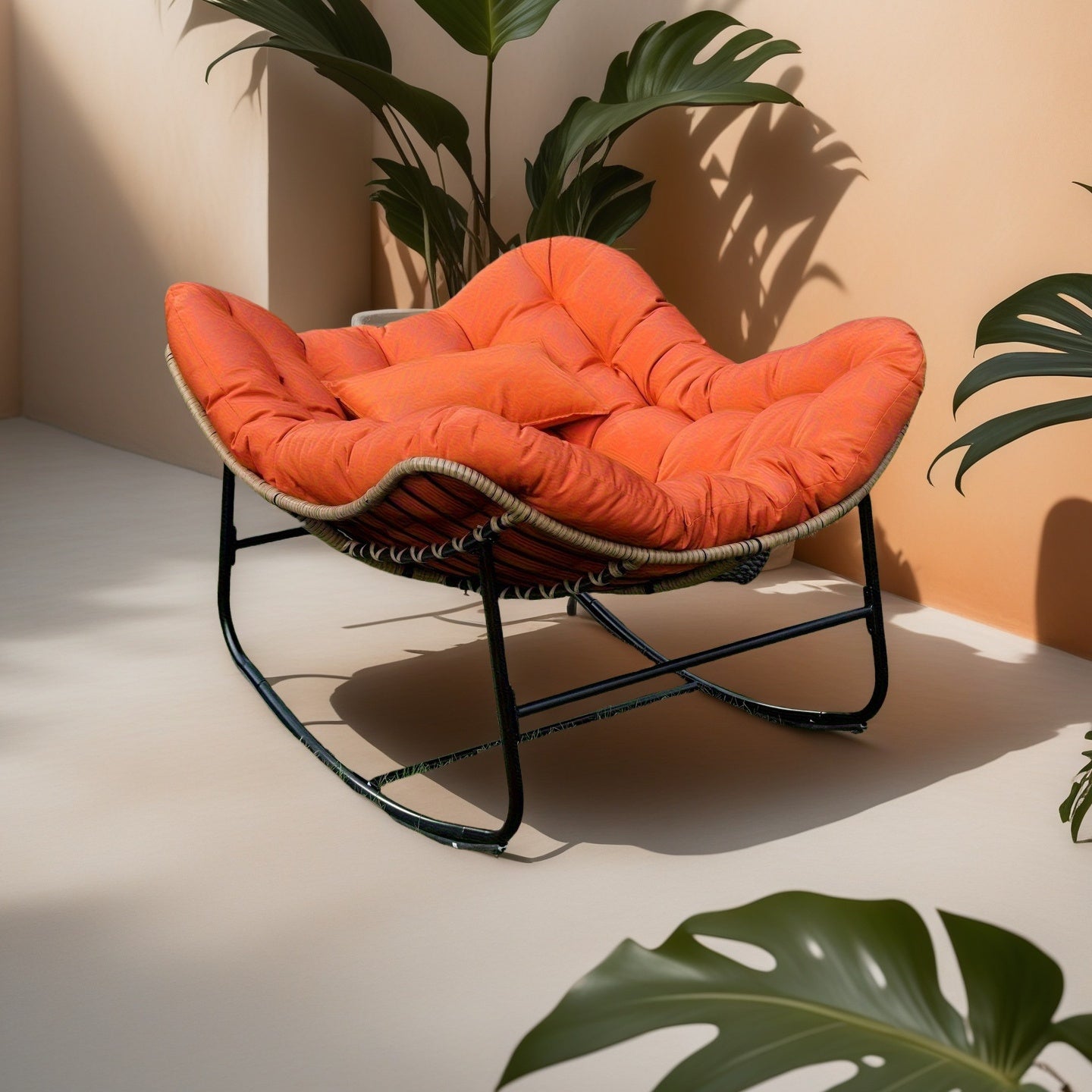 Mecedora de Hierro Tejido Rústico Vintage con Cojín Trenzado a Mano - Adecuada para Todas las Estaciones, Silla Decorativa de Estilo Campestre Americano para Sala, Balcón o Patio - Ideal para 13 Ocasiones Festivas