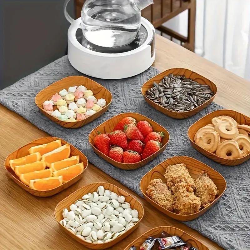 10 piezas de platos de aperitivo de imitación de madera de polipropileno (PP), platos ligeros y duraderos para postres, tazón de frutas de melón y dulces para acampar al aire libre, esenciales para pícnic.