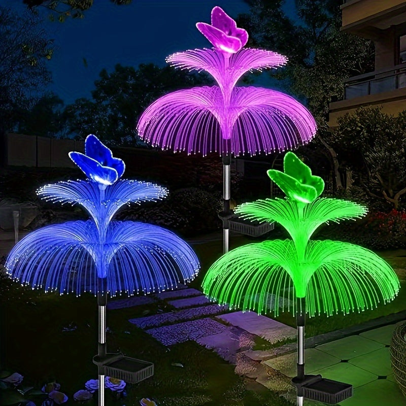 Luces solares para jardín con diseño de medusas, 3 piezas, luces LED multicolor para exteriores, diseño de mariposa de doble capa, construcción duradera de plástico y acabado metálico, ahorro de energía, fácil instalación, ideales para caminos y jardines